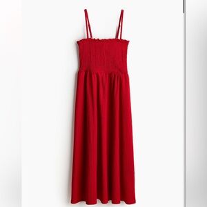 H&M RED SMOCKED-BODICE MAXI DRESS XS NWOT